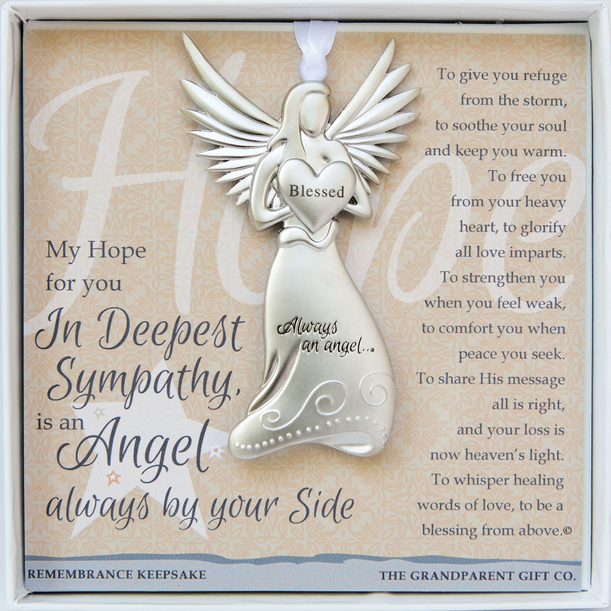 Sympathy Gift - 4" metal blessed angel ornament with "In Deepest Sympathy" poem in white box with clear lid.