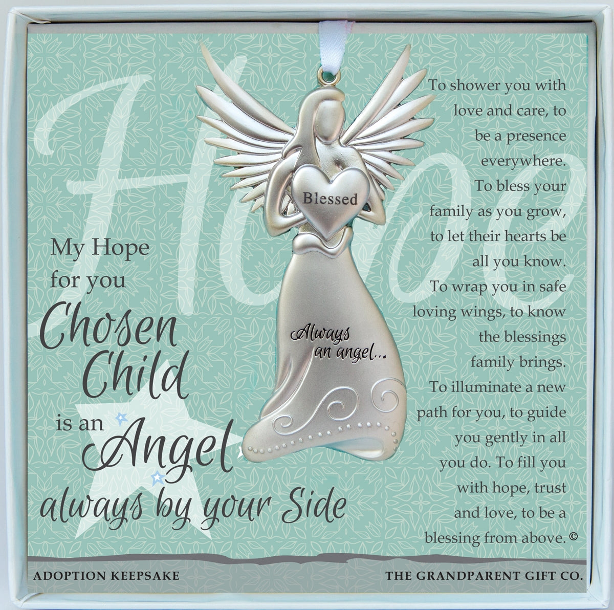 Adoption Gift - 4" metal blessed angel ornament with "Chosen Child" sentiment in white box with clear lid