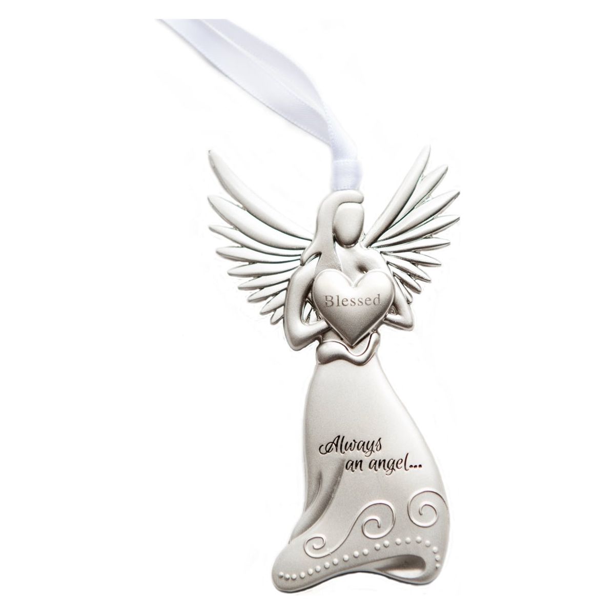 Silver toned metal angel holding a heart with the word &quot;Blessed&quot; in the center and &quot;Always and angel ...&quot; engraved on the angel&#39;s skirt