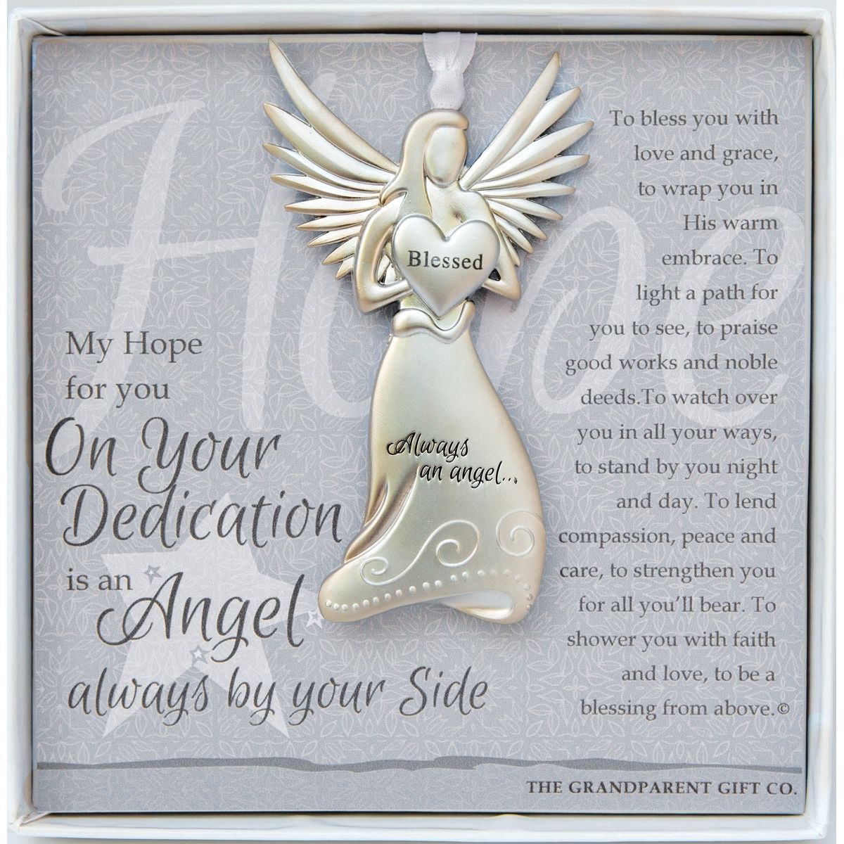 Dedication Gift - 4" metal blessed angel ornament with "On Your Dedication" poem in white box with clear lid.