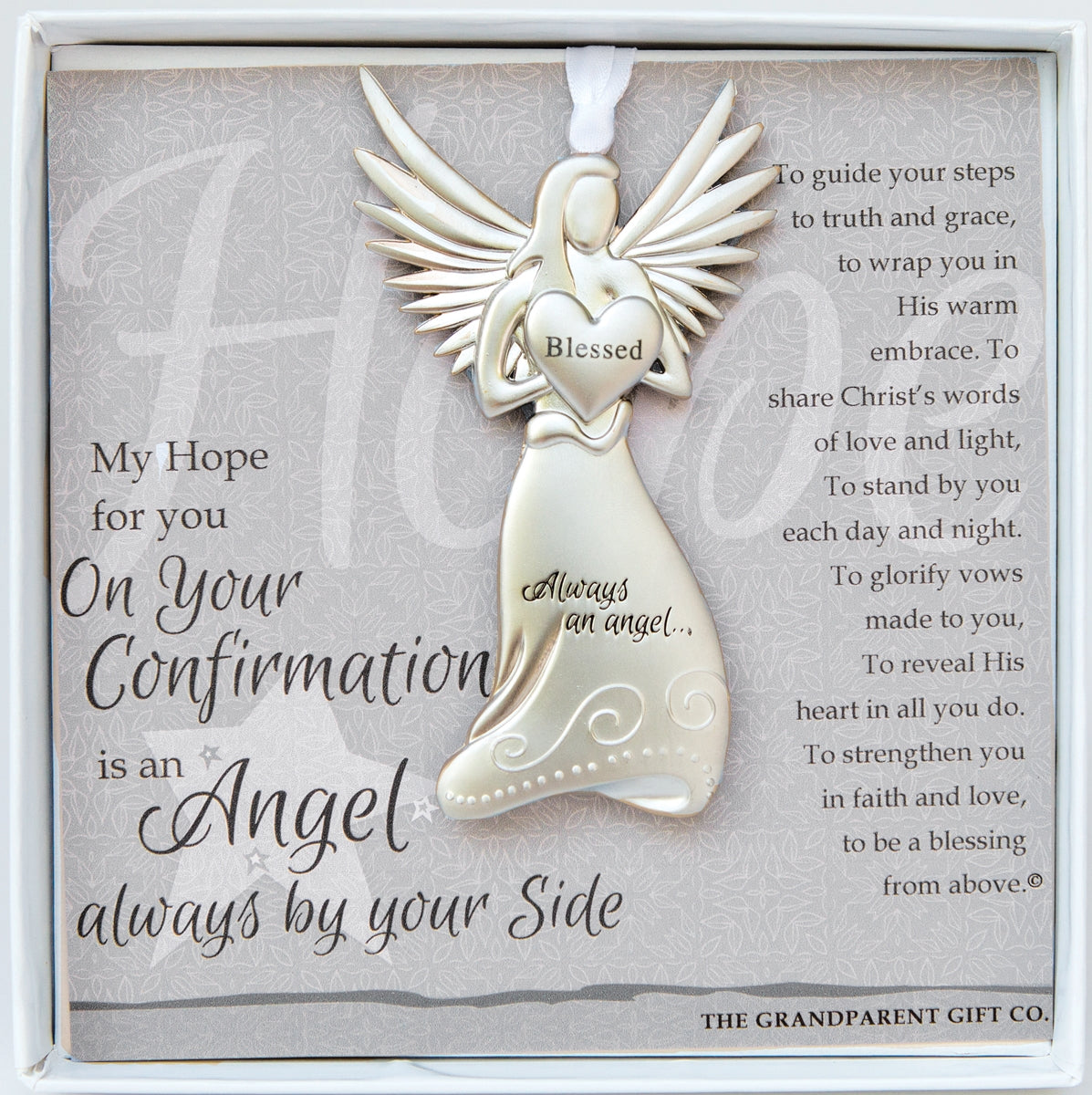 Confirmation Gift - 4" metal blessed angel ornament with "On Your Confirmation" poem in white box with clear lid.