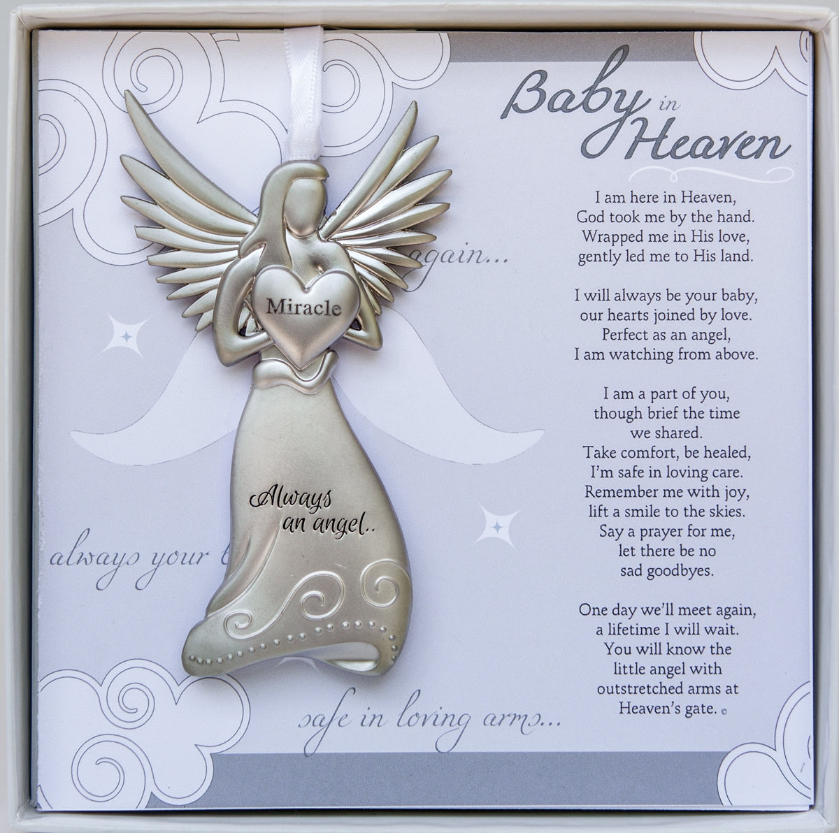 Infant Loss Memorial Gift - 4" metal miracle angel ornament with "Baby in Heaven" poem card in white box with clear lid