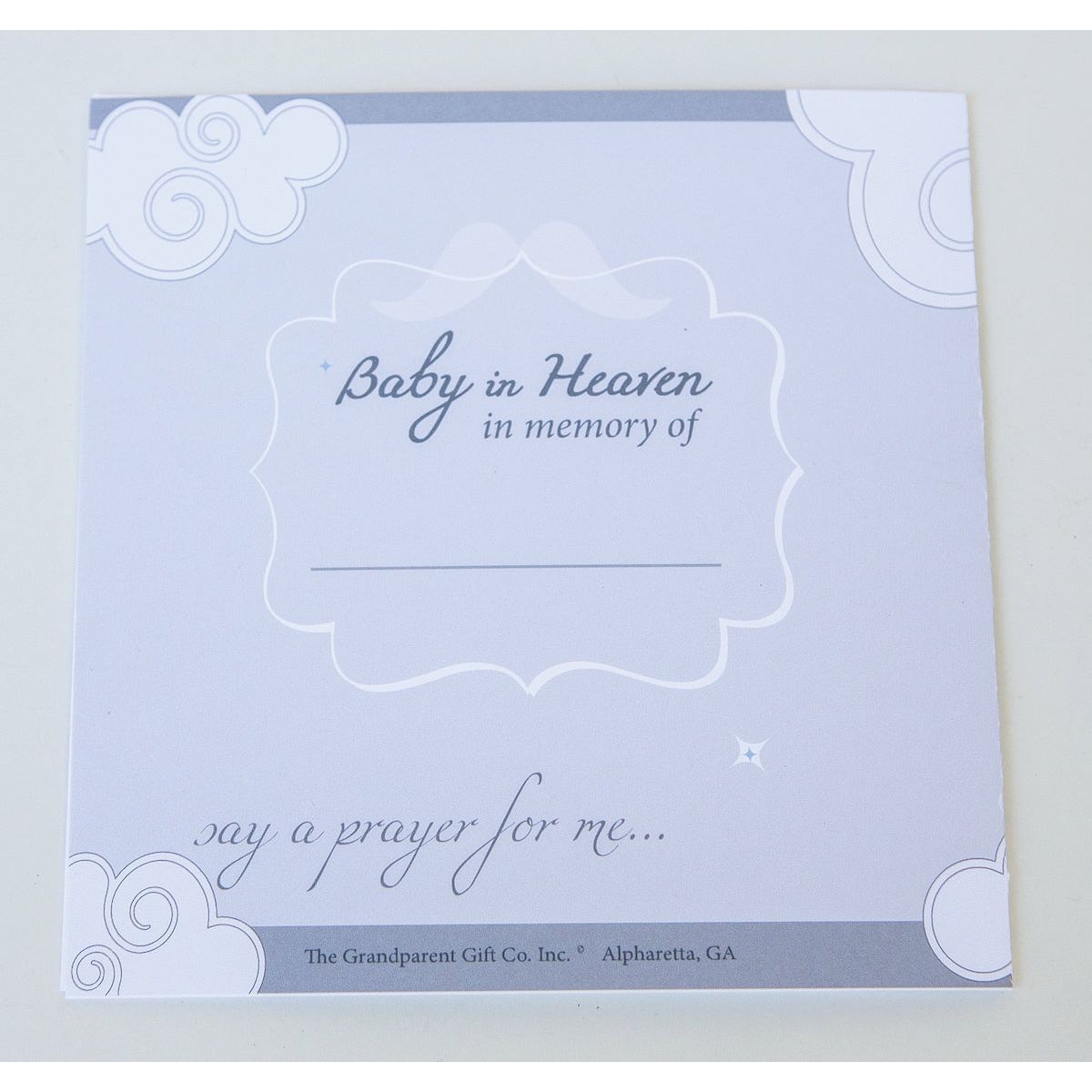 The back of the sentiment card with &quot;Baby in Heaven in memory of&quot; with a space to write the baby&#39;s name.  