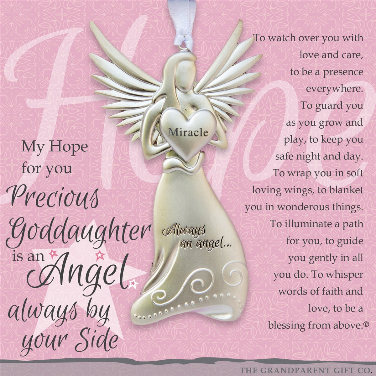 Goddaughter Gift - 4&quot; metal miracle angel ornament with &quot;Precious Goddaughter&quot; poem in white box with clear lid.