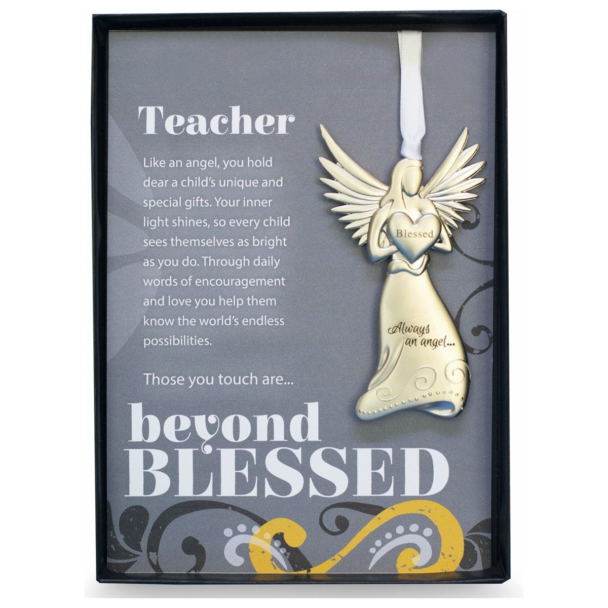 Teacher Appreciation Gift- 4" metal blessed angel ornament with "Teacher" Beyond Blessed sentiment in black gift box with clear lid.