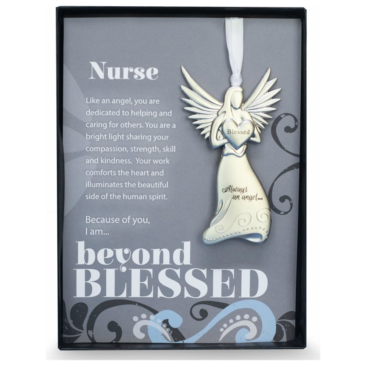 Thank You Gift for a Nurse- 4" metal blessed angel ornament with "Nurse" Beyond Blessed sentiment in black gift box with clear lid.