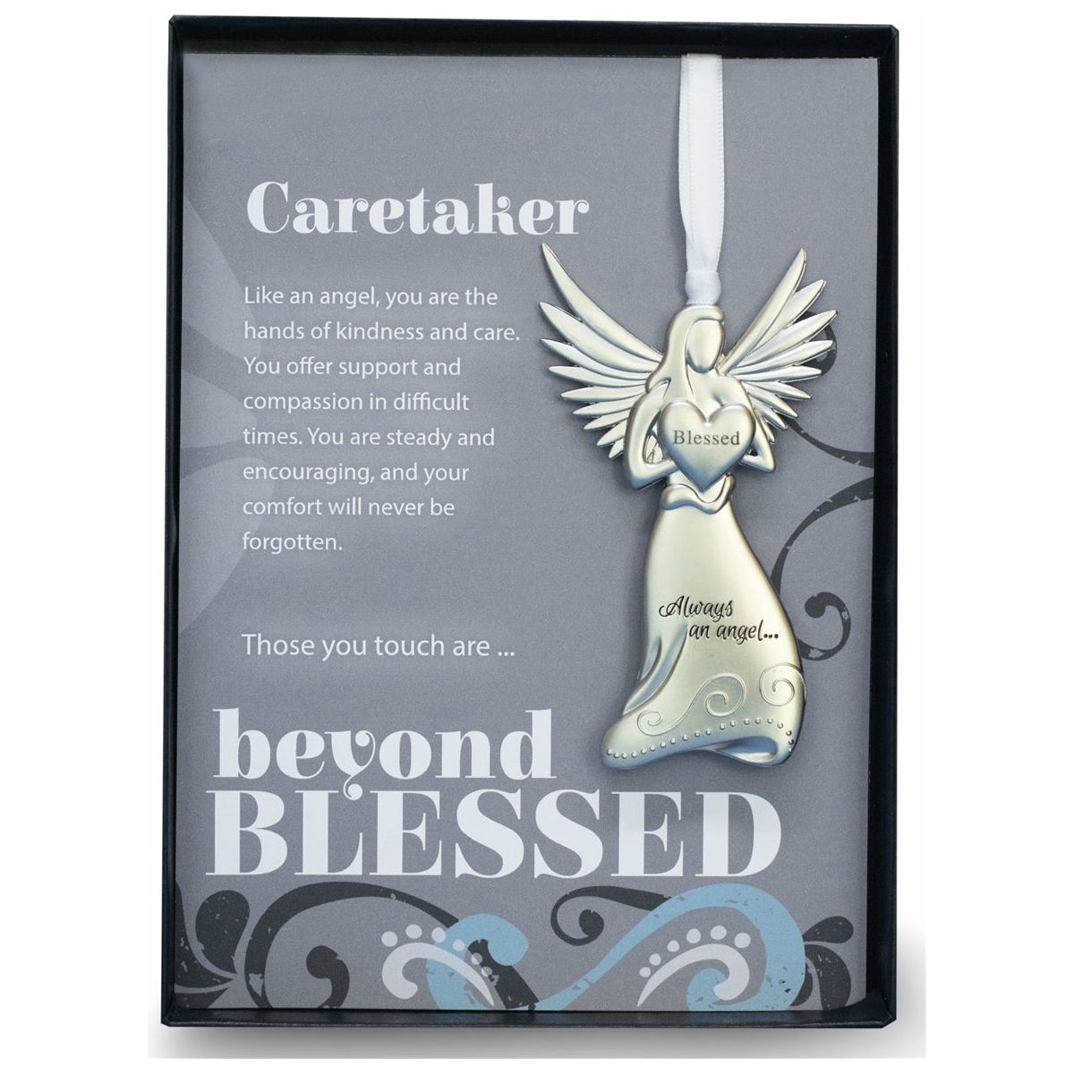 Caretaker Appreciation Gift- 4" metal blessed angel ornament with "Caretaker" Beyond Blessed sentiment in black gift box with clear lid.