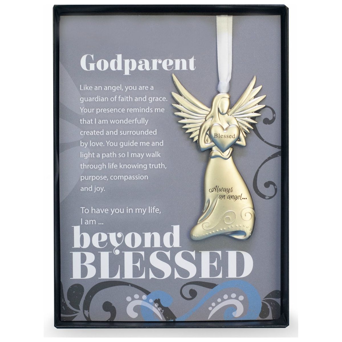 Godparent Gift- 4" metal blessed angel ornament with "Godparent" Beyond Blessed sentiment in black gift box with clear lid.