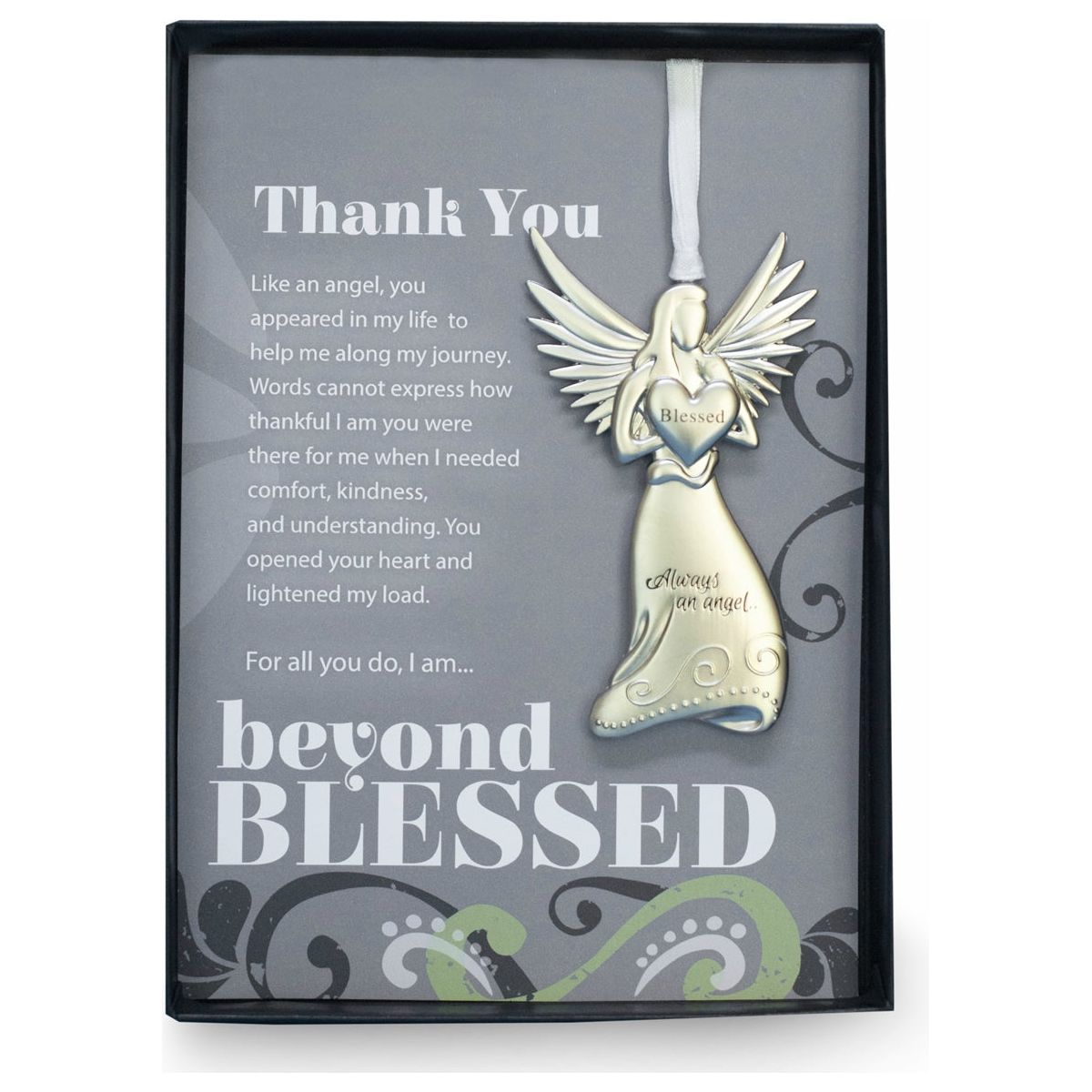 Thank You Gift- 4" metal blessed angel ornament with "Thank You" Beyond Blessed sentiment in black gift box with clear lid.