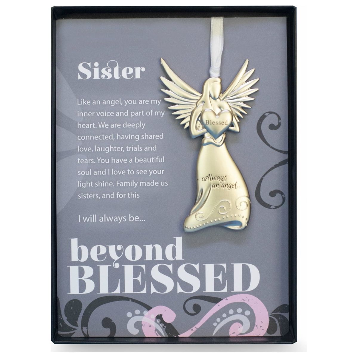 Sister Gift- 4" metal blessed angel ornament with "Sister" Beyond Blessed sentiment in black gift box with clear lid.