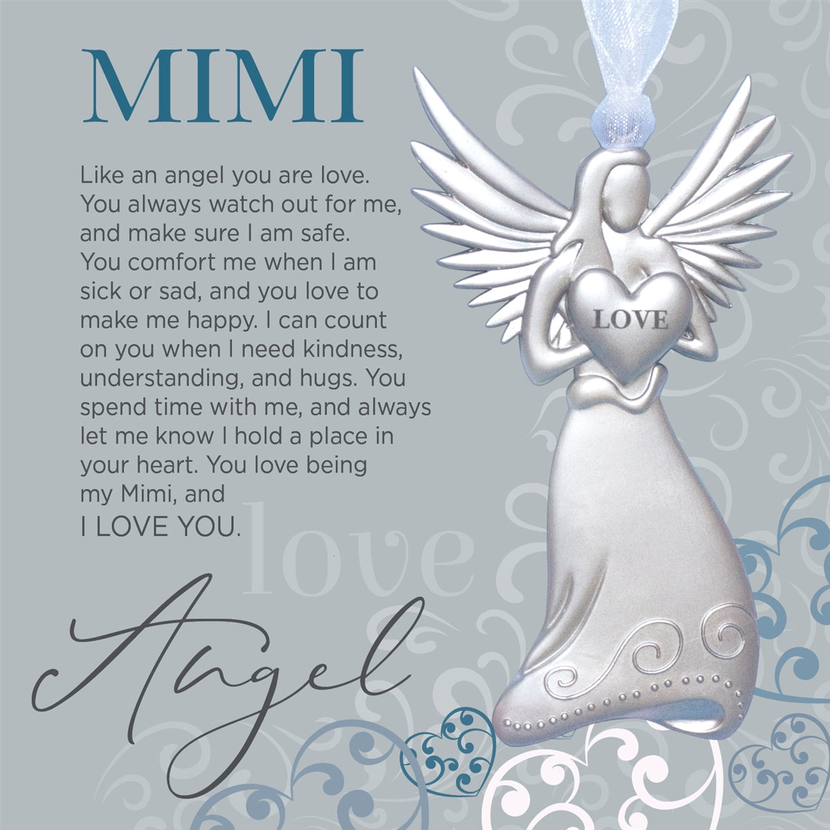 Mimi Gift - 4" metal love angel ornament with "Mimi" poem in white box with clear lid.