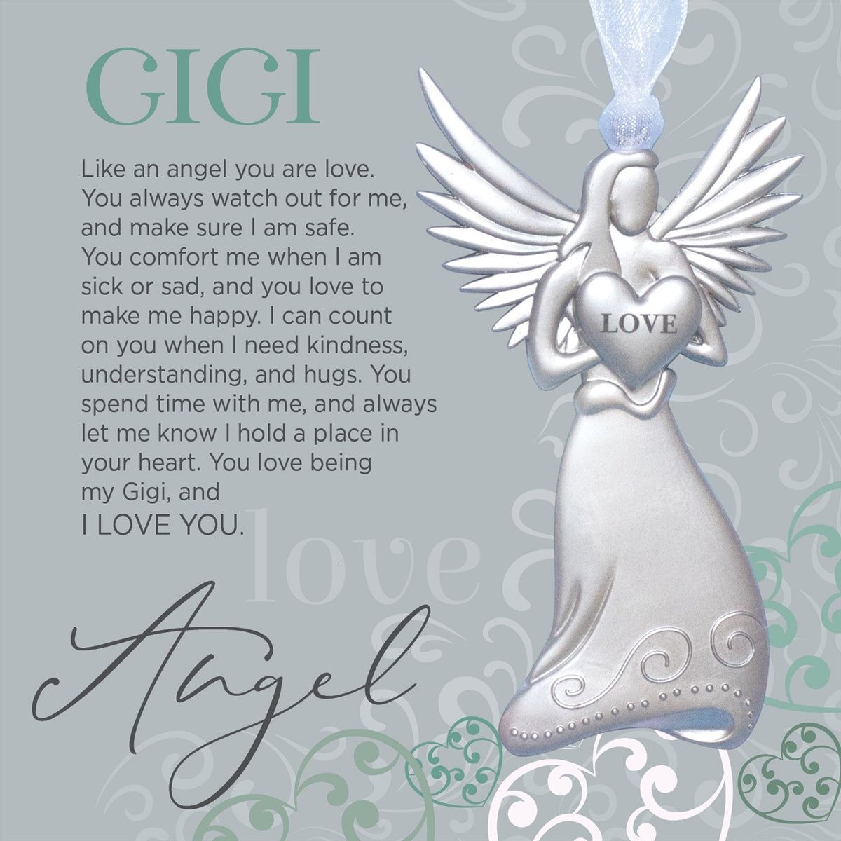Gigi Gift - 4" metal love angel ornament with "Gigi" poem in white box with clear lid.