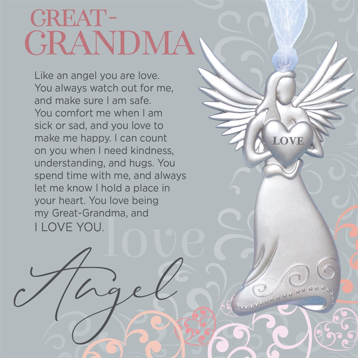 Great-Grandma Gift - 4" metal love angel ornament with "Great-Grandma" poem in white box with clear lid.