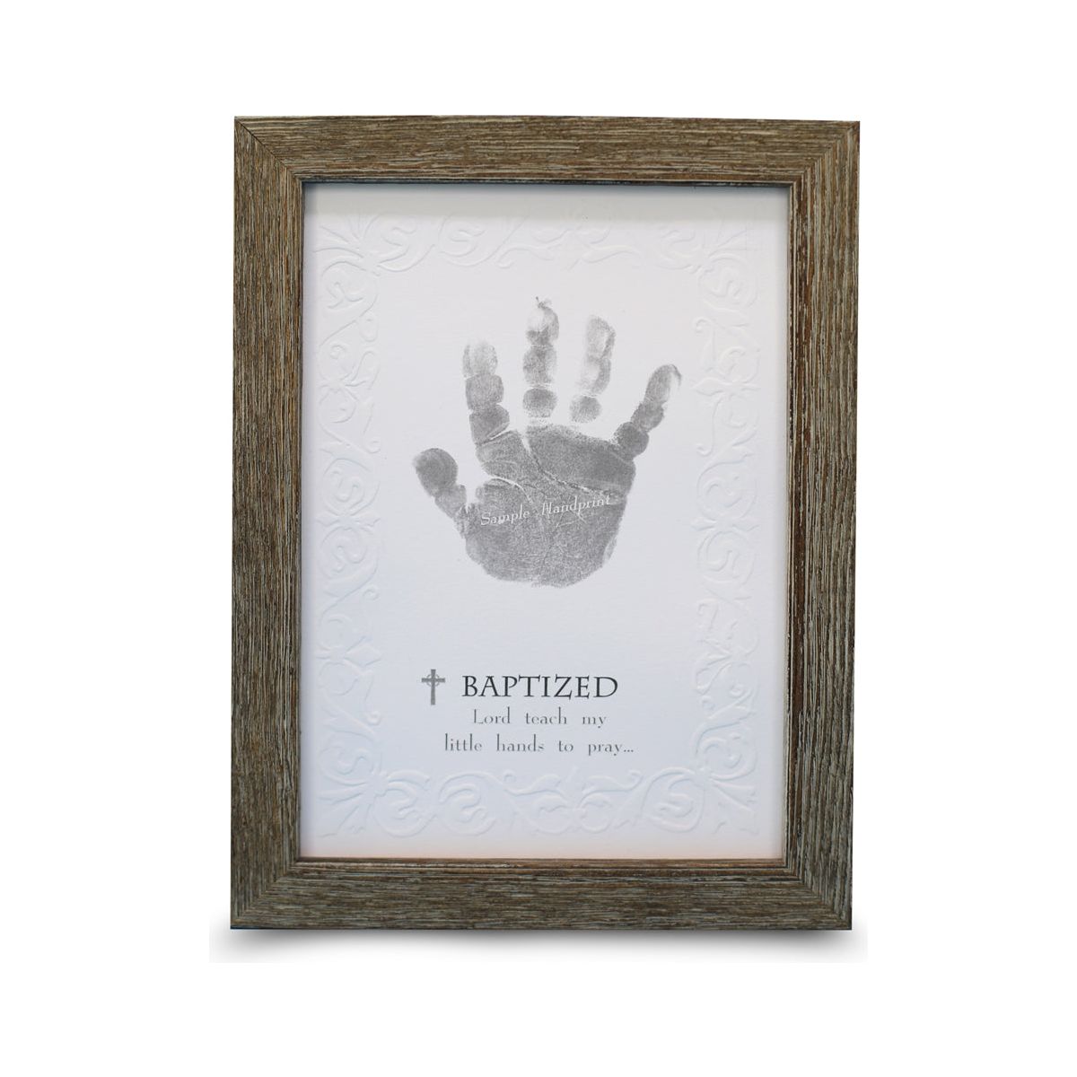 5x7 farmhouse frame with "Baptized" Sentiment on embossed cardstock with space for a child's handprint.
