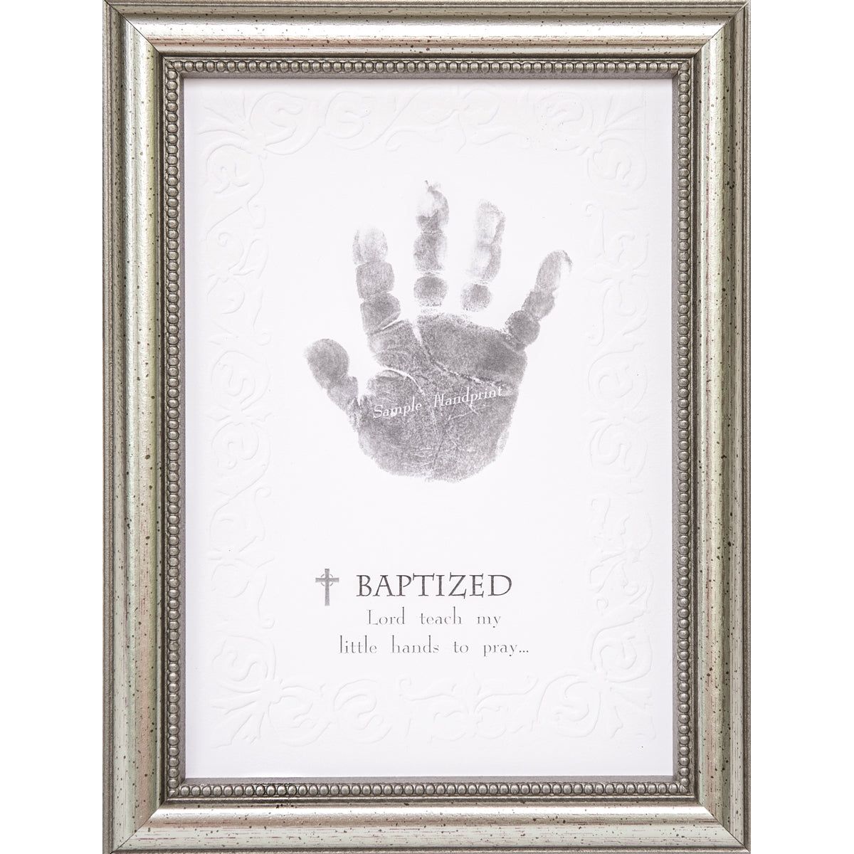 Baptism handprint keepsake in elegant frame in silver with embossed beaded design.
