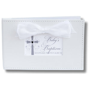 1 of 6:Baby's Baptism white faux suede keepsake photo album with white sheer bow.