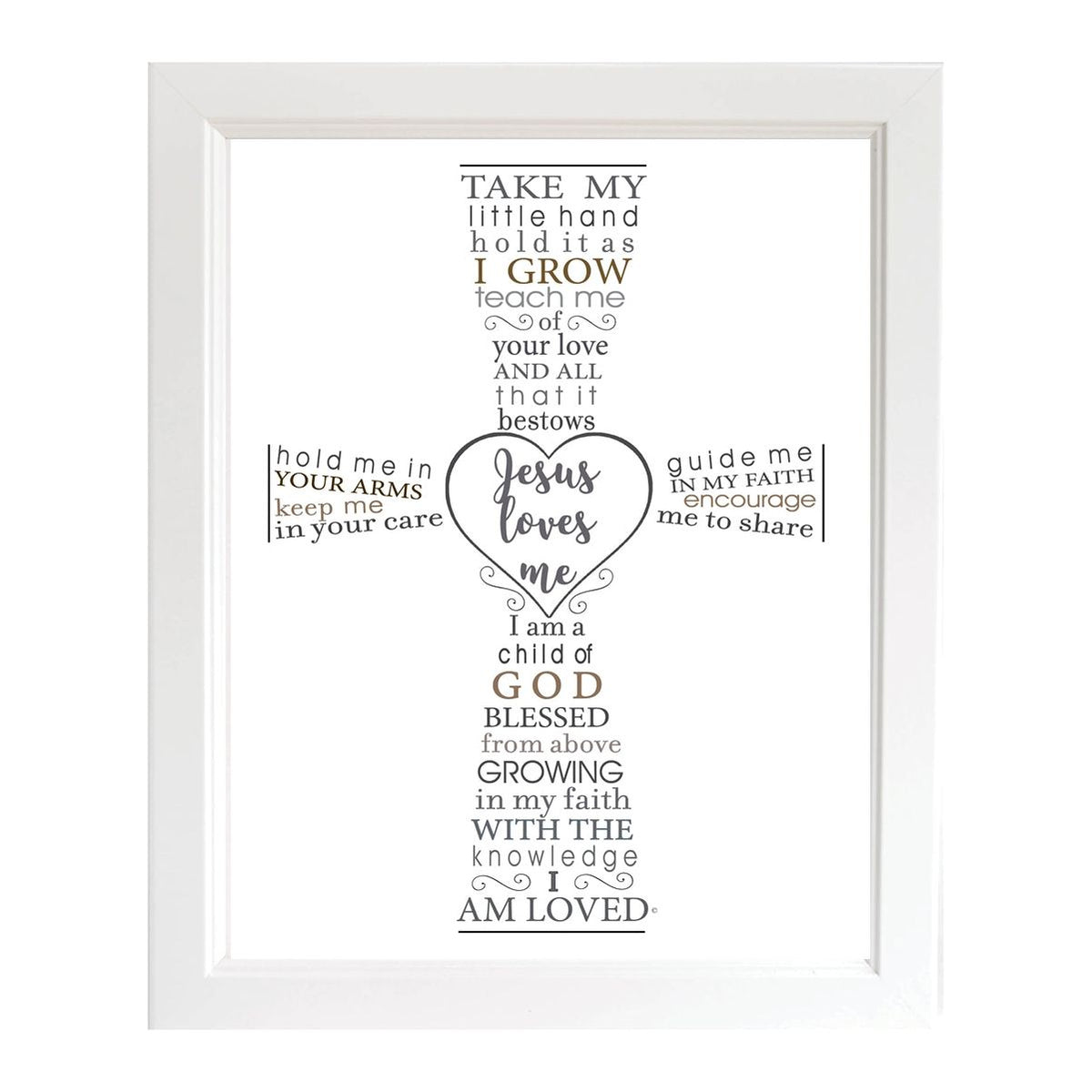 Jesus Loves Me framed poem in the shape of a cross.  Artwork is in an 8x10&quot; simple white wood frame with beading detail.