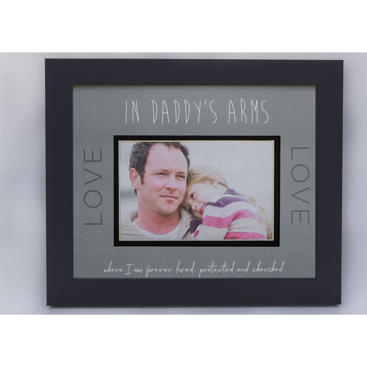 8x10 black frame with gray "In Daddy's Arms" artwork, black inner mat, and an opening for a photograph.