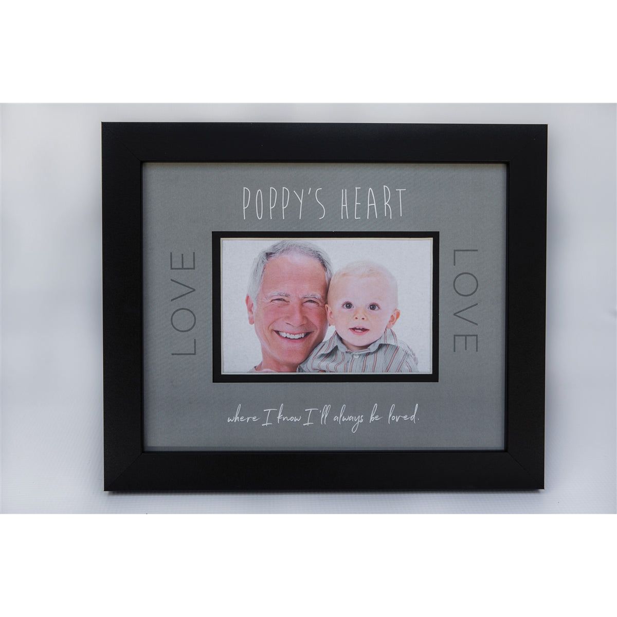 8x10 black frame with gray "Poppy's Heart" artwork, black inner mat, and an opening for a photograph.