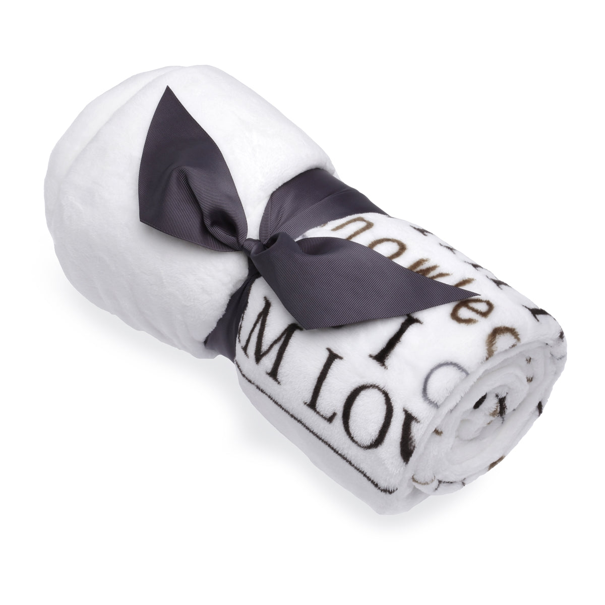 Child of God Blanket rolled and tied with a gray grosgrain ribbon.