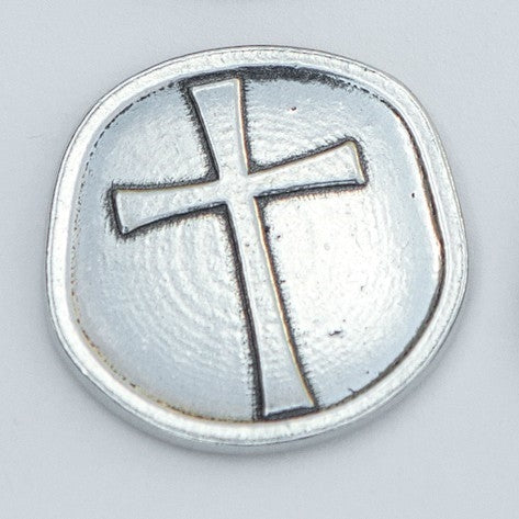 Detailed photo of cross on back of Godmother pewter coin.