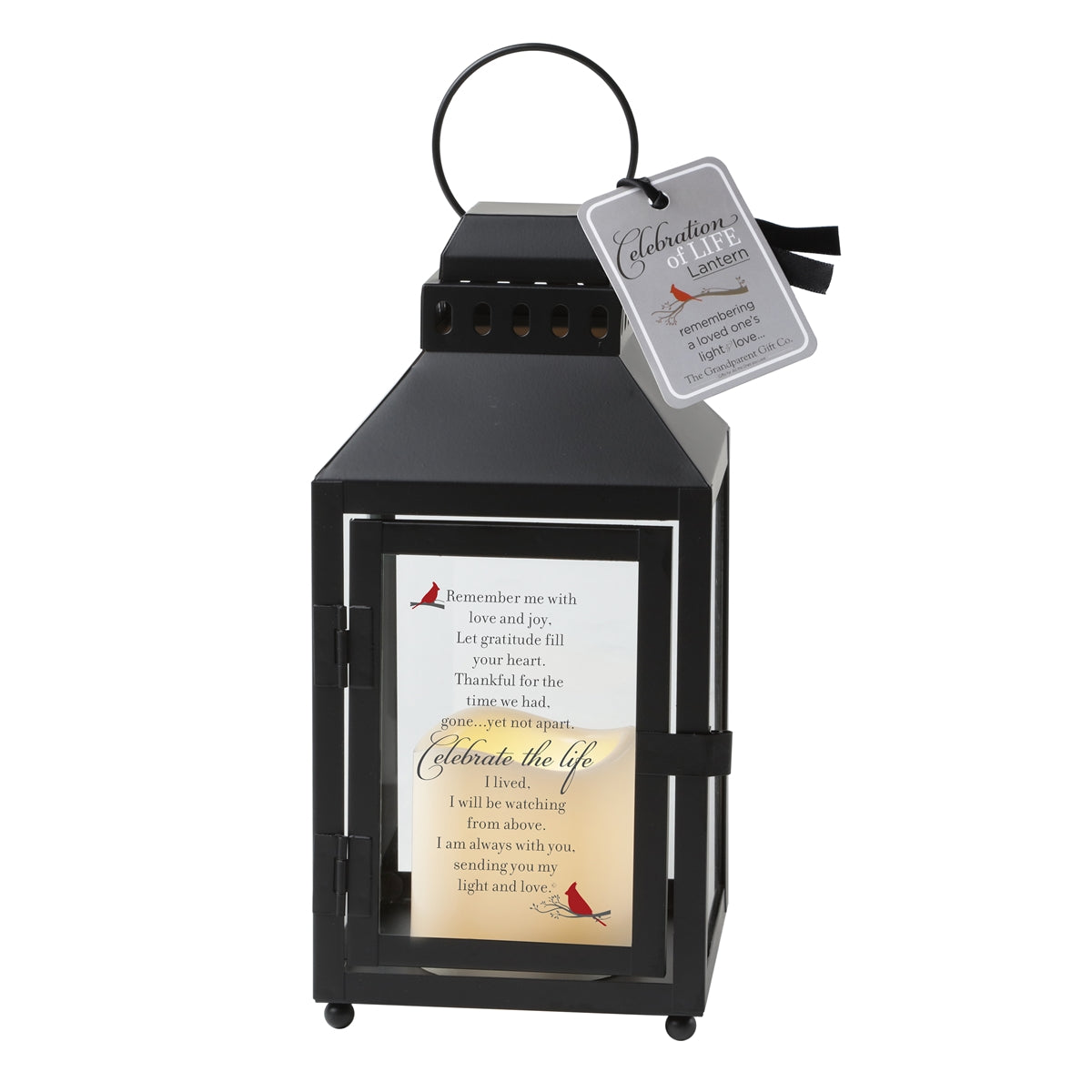 Celebration of Life sympathy black metal lantern with flickering built in candle, printed sentiment on glass panel and gift tag.