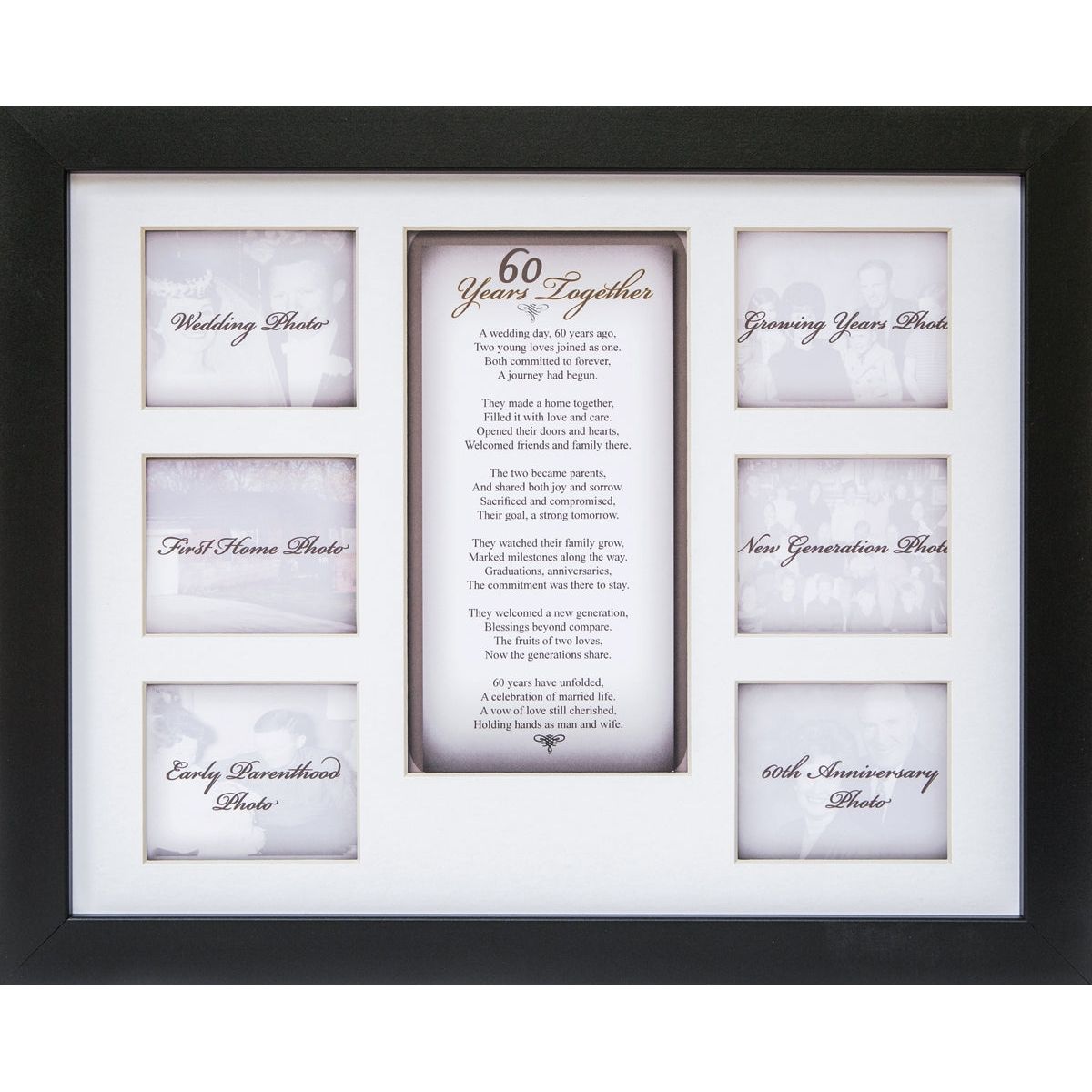 11x14 60th Wedding Anniversary Black Photo Wall Frame with &quot;60 Years Together&quot; sentiment in the center and space for 6 photographs of the couple&#39;s life across the years.