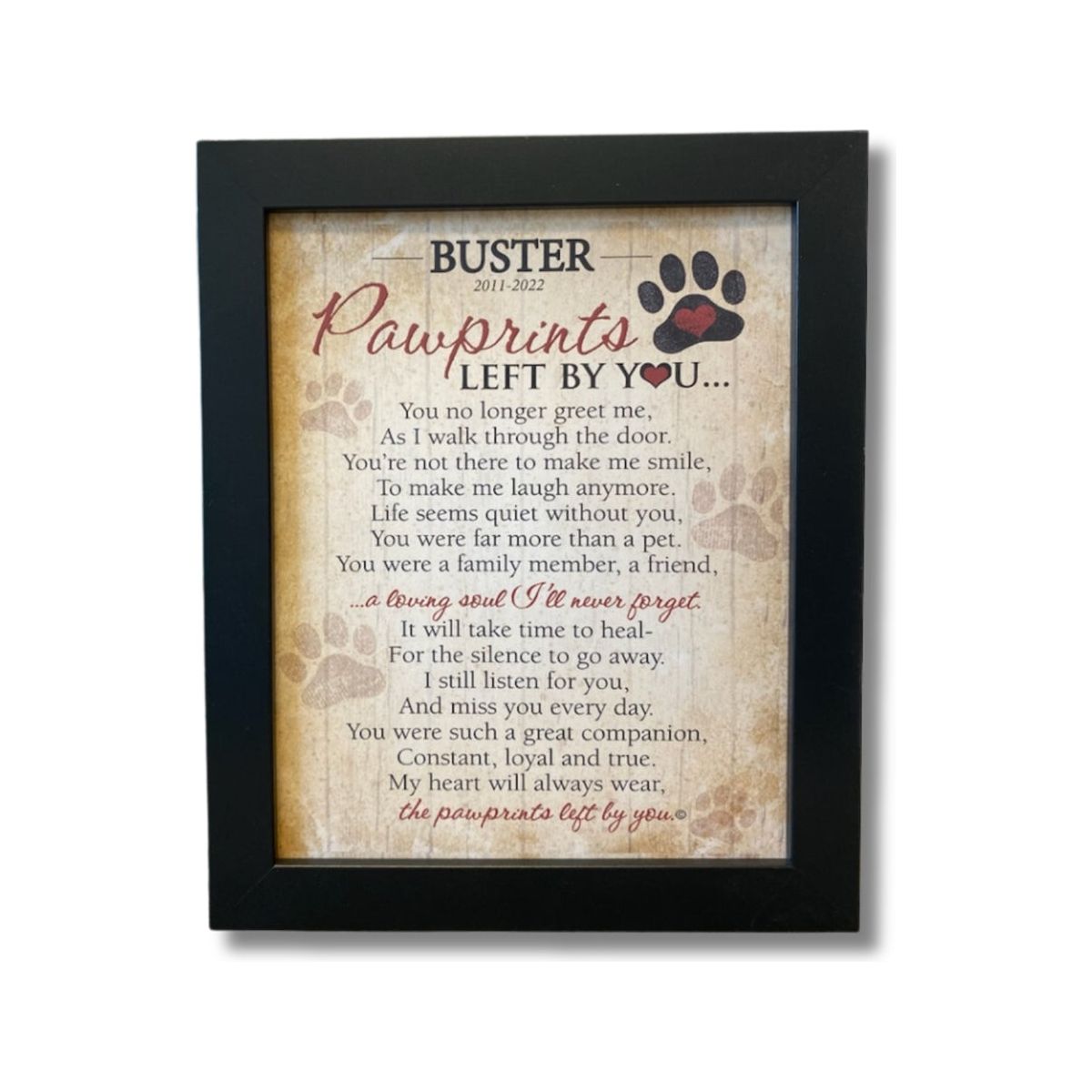 Personalized 8x10 framed Pawprints Left By You poem.