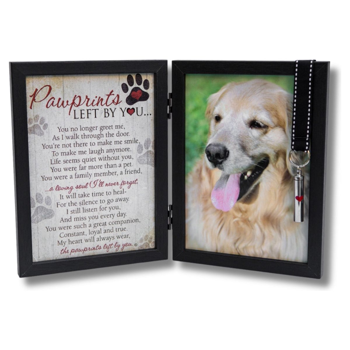 Black 5x7 hinged double frame with "Pawprints Left By You" sentiment on the left and space for a photo on the right. Frame features a black grosgrain ribbon with white stitching that holds an ash/keepsake vial.