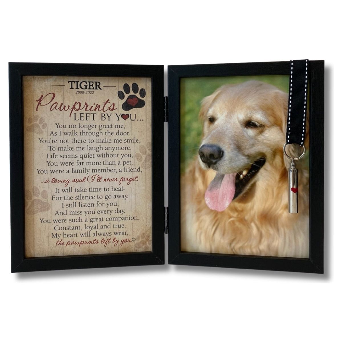 Personalized "Pawprints Left By You" black double frame with sentiment on the left and space for a 5x7 photo of dog on the right. 