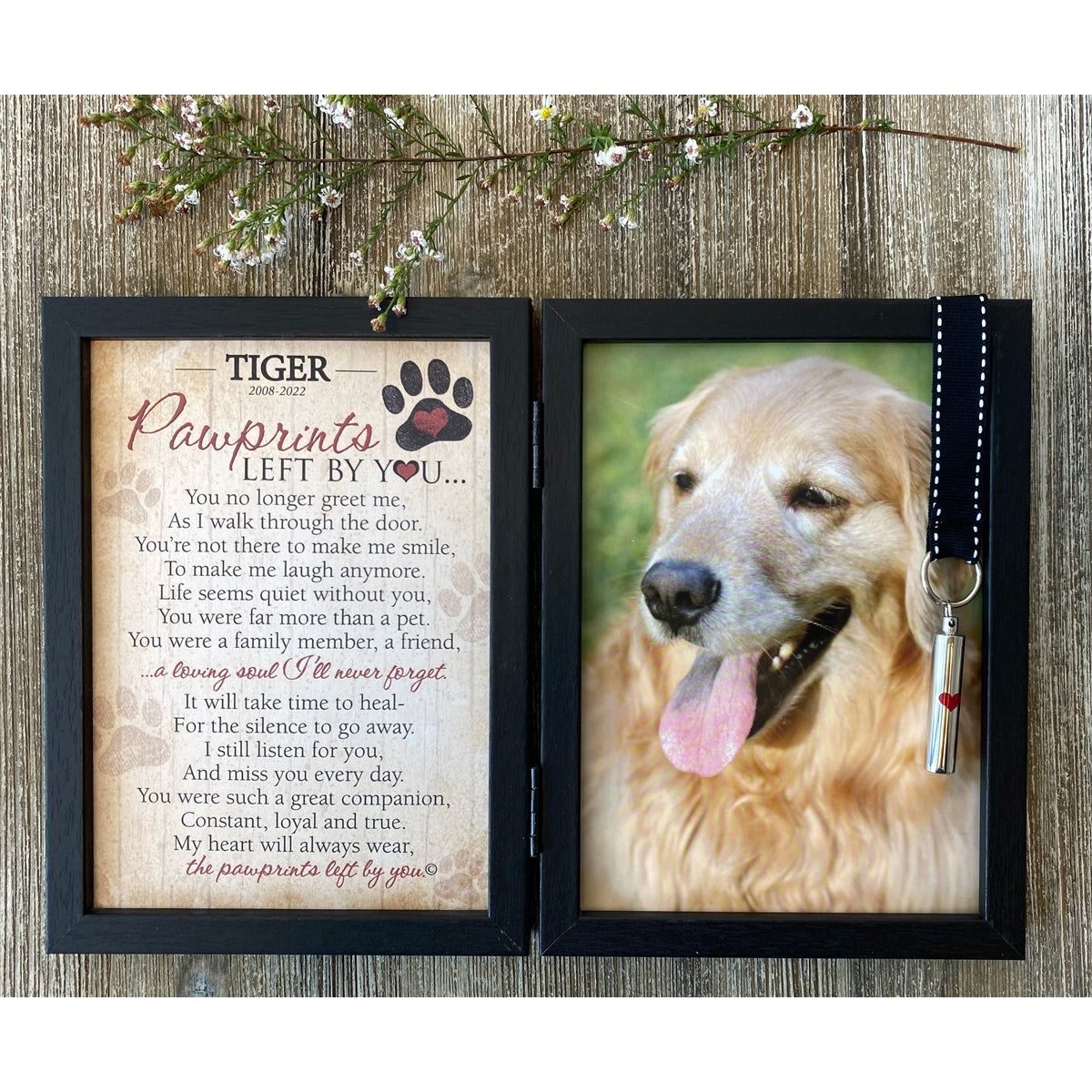 Personalized poem with dog&#39;s name and years. Frame features a black grosgrain ribbon with white stitching that holds an ash/keepsake vial.