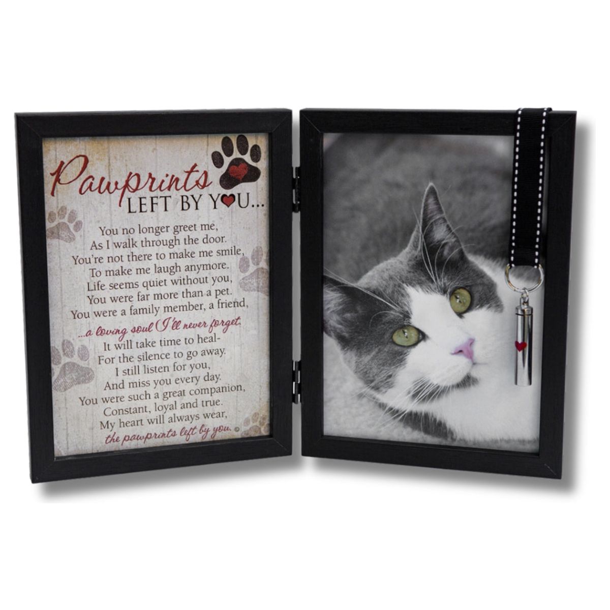 Black 5x7 hinged double frame with "Pawprints Left By You" sentiment on the left and space for a photo on the right. Frame features a black grosgrain ribbon with white stitching that holds an ash/keepsake vial.