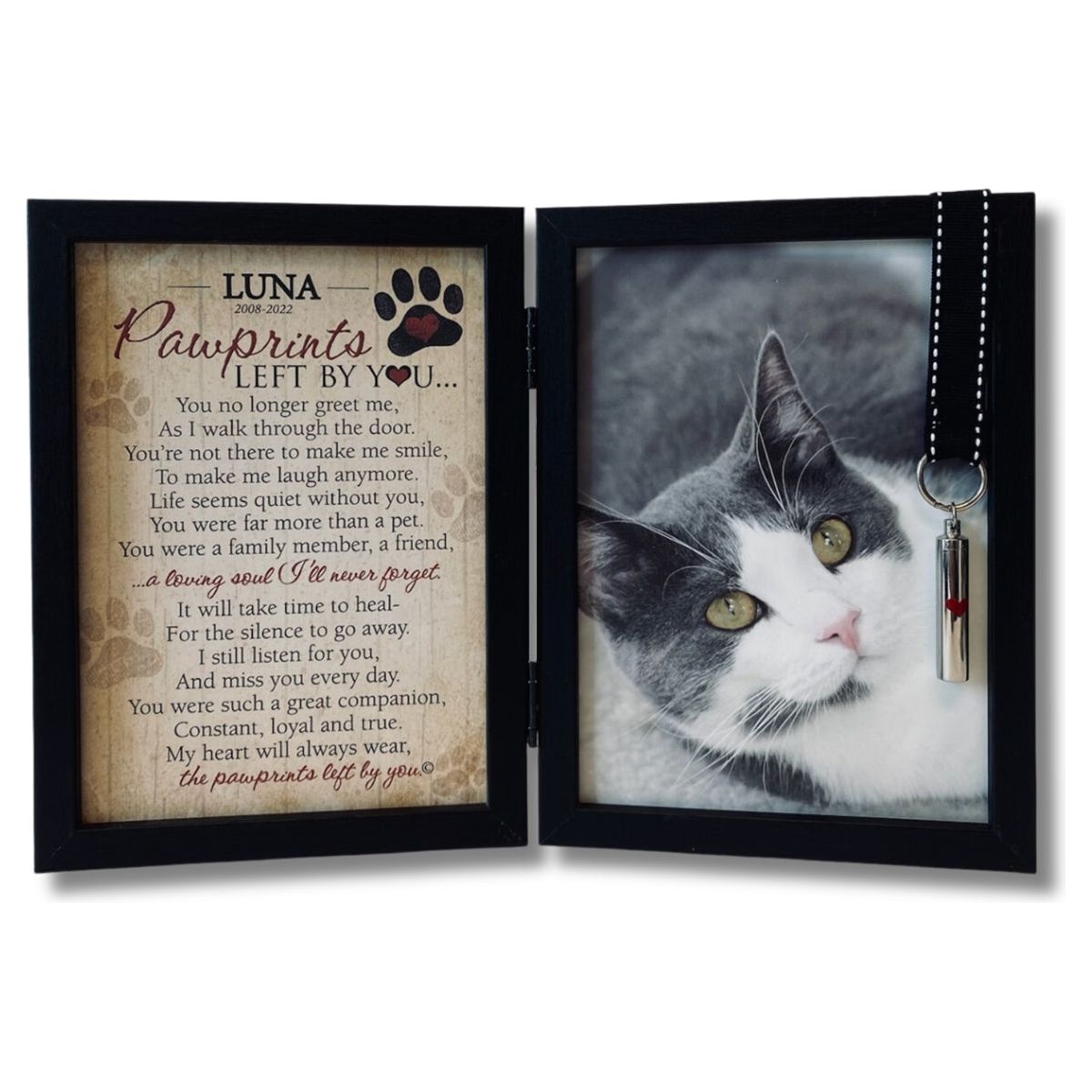 Personalized "Pawprints Left By You" black double frame with sentiment on the left and space for a 5x7 photo of cat on the right. 