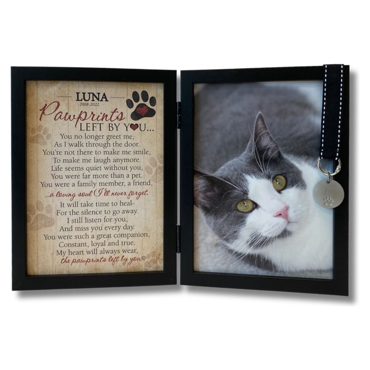 Personalized "Pawprints Left By You" black double frame with sentiment on the left and space for a 5x7 photo of cat on the right. 