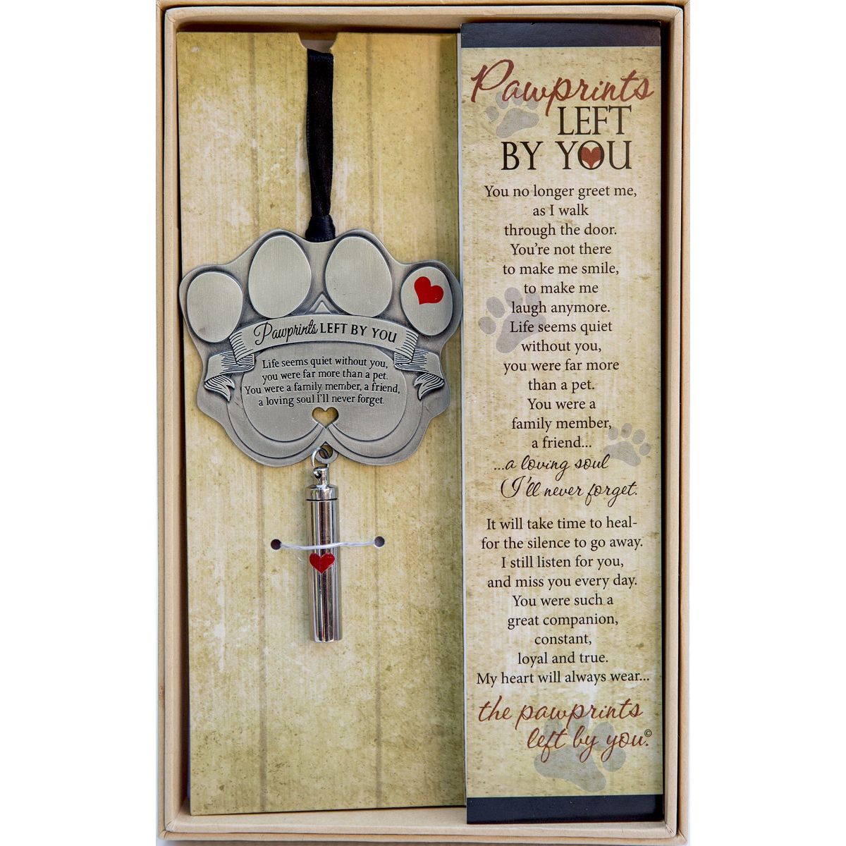 Gift boxed "Pawprints Left By You" ash vial ornament.