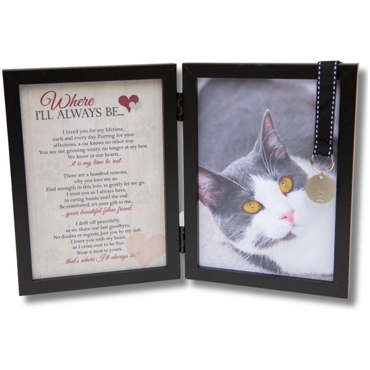 Cat Loss Memorial Gift - Where I'll Always Be Frame for cat loss, 5x7 double black table frame with "Where I'll Always Be" poem on one side and  5x7 photo space on the other.