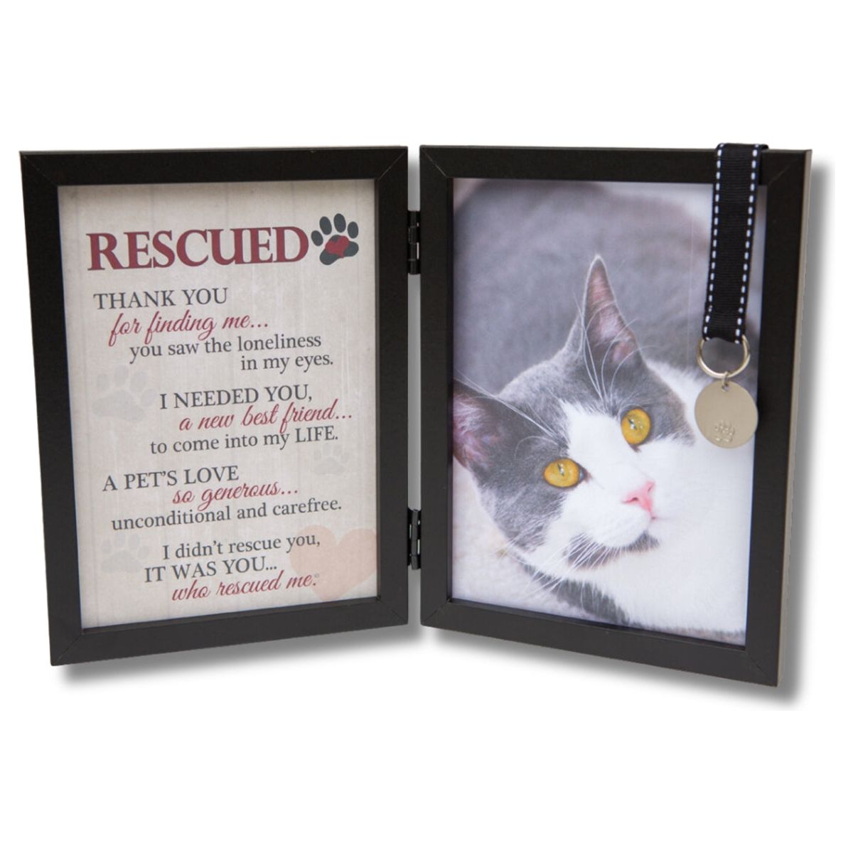 Black 5x7 hinged double frame with "Rescued" sentiment on the left and space for a photo on the right. Frame features a black grosgrain ribbon with white stitching that holds a tag with a pawprint.