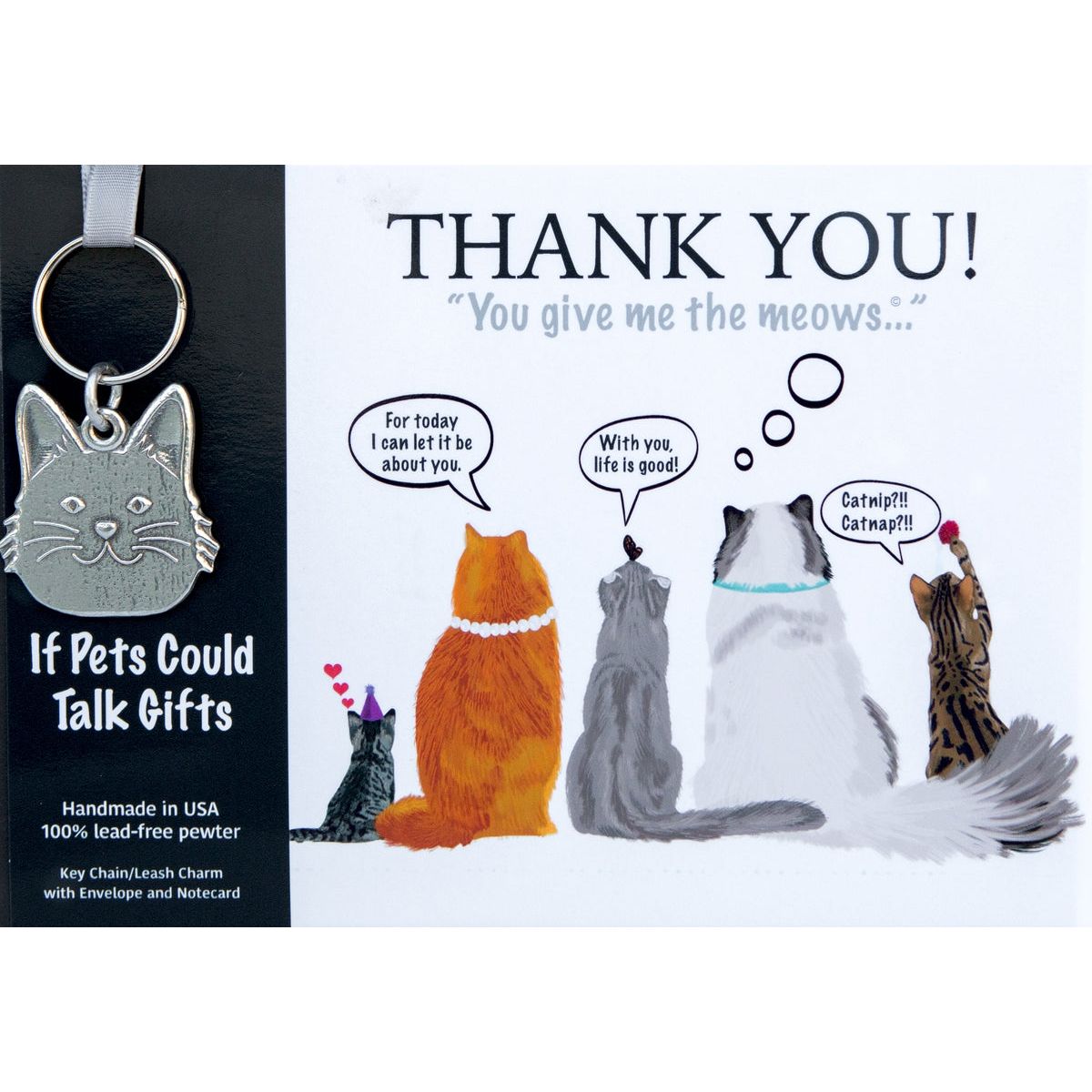 Pewter keychain in shape of a cat's face packaged with a Thank You card