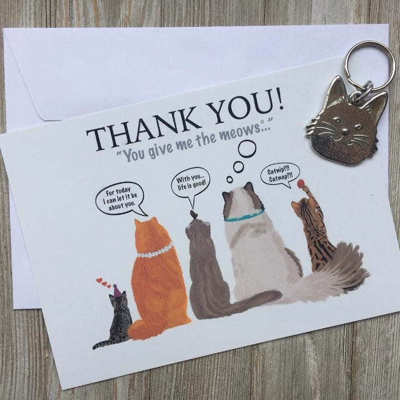 Front of Cat Lover Thank You gIft card with drawings of cats and sentiment.  Card is packaged with keychain and envelope.