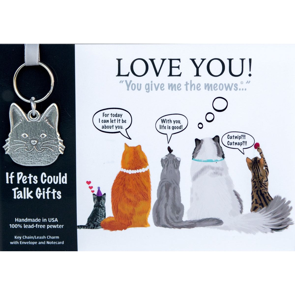 Pewter keychain in shape of a cat's face packaged with a "Love You" card.