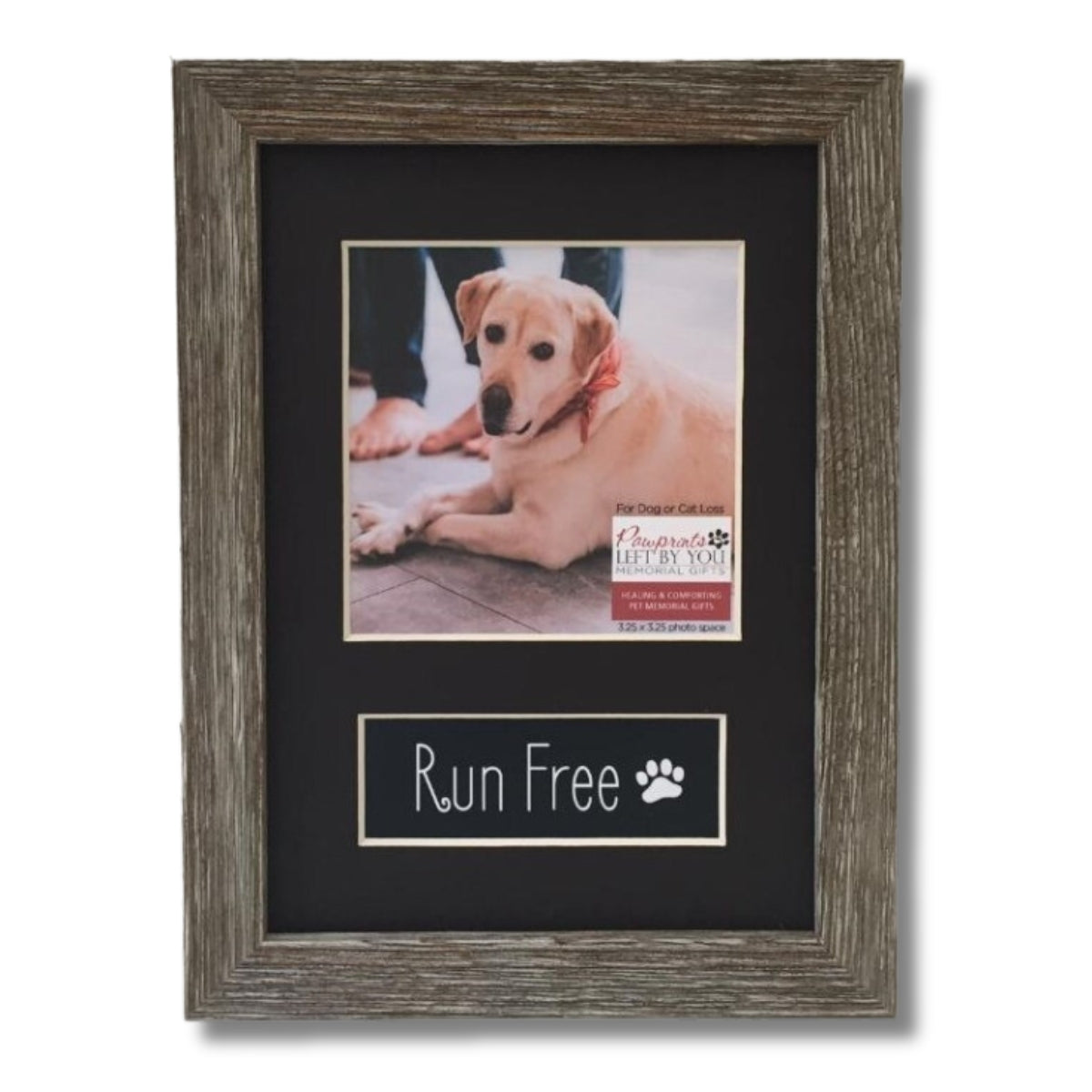 Pet memorial 5x7 real wood farmhouse photo frame with a black mat with openings for a 3.25&quot; square photo and &quot;Run Free&quot; sentiment.