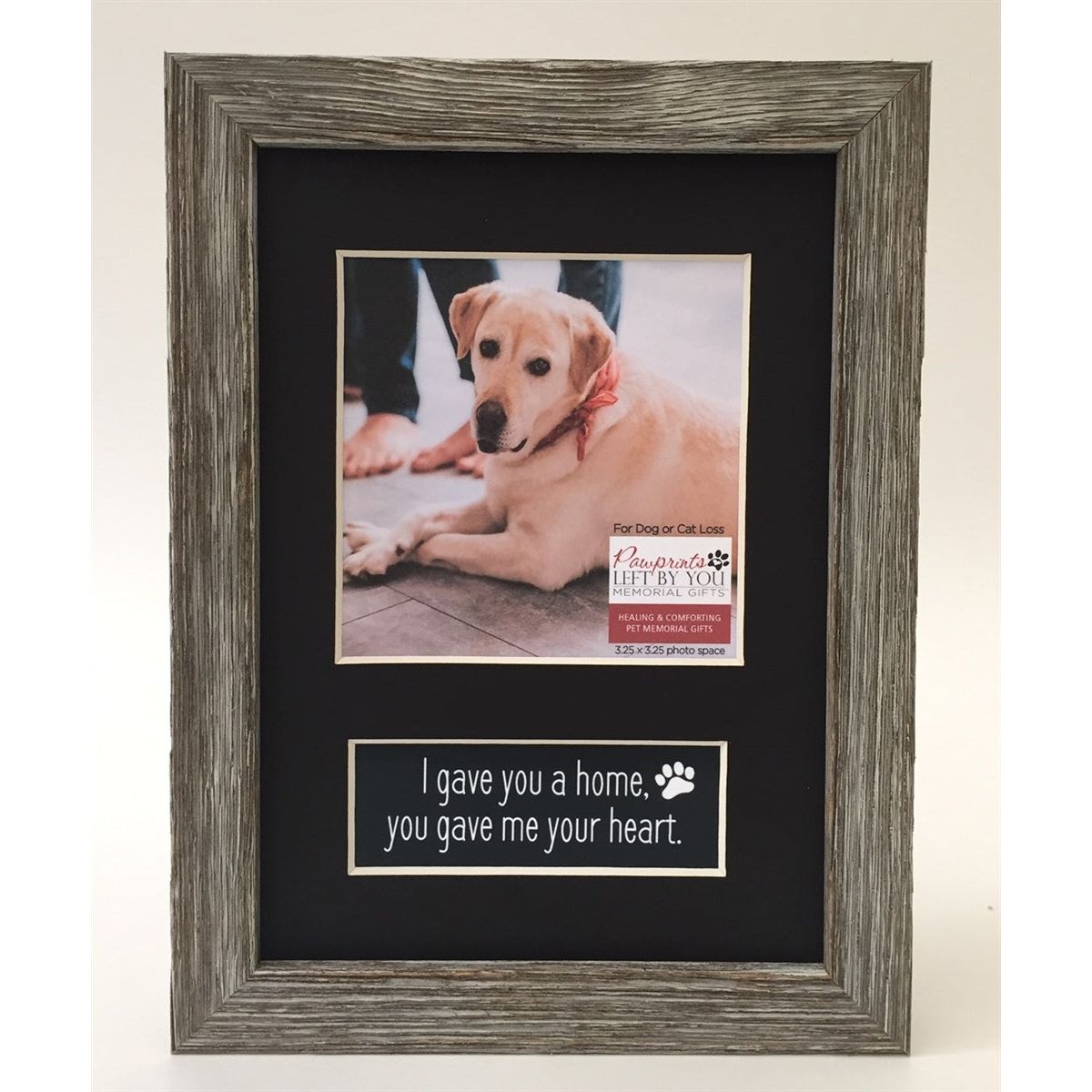 Pet frame 5x7 real wood farmhouse photo frame with a black mat with openings for a 3.25" square photo and "I gave you a home, you gave me your heart" sentiment.