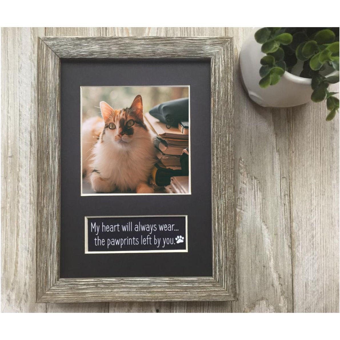 Pet memorial photo frame with a black mat and cat photo.