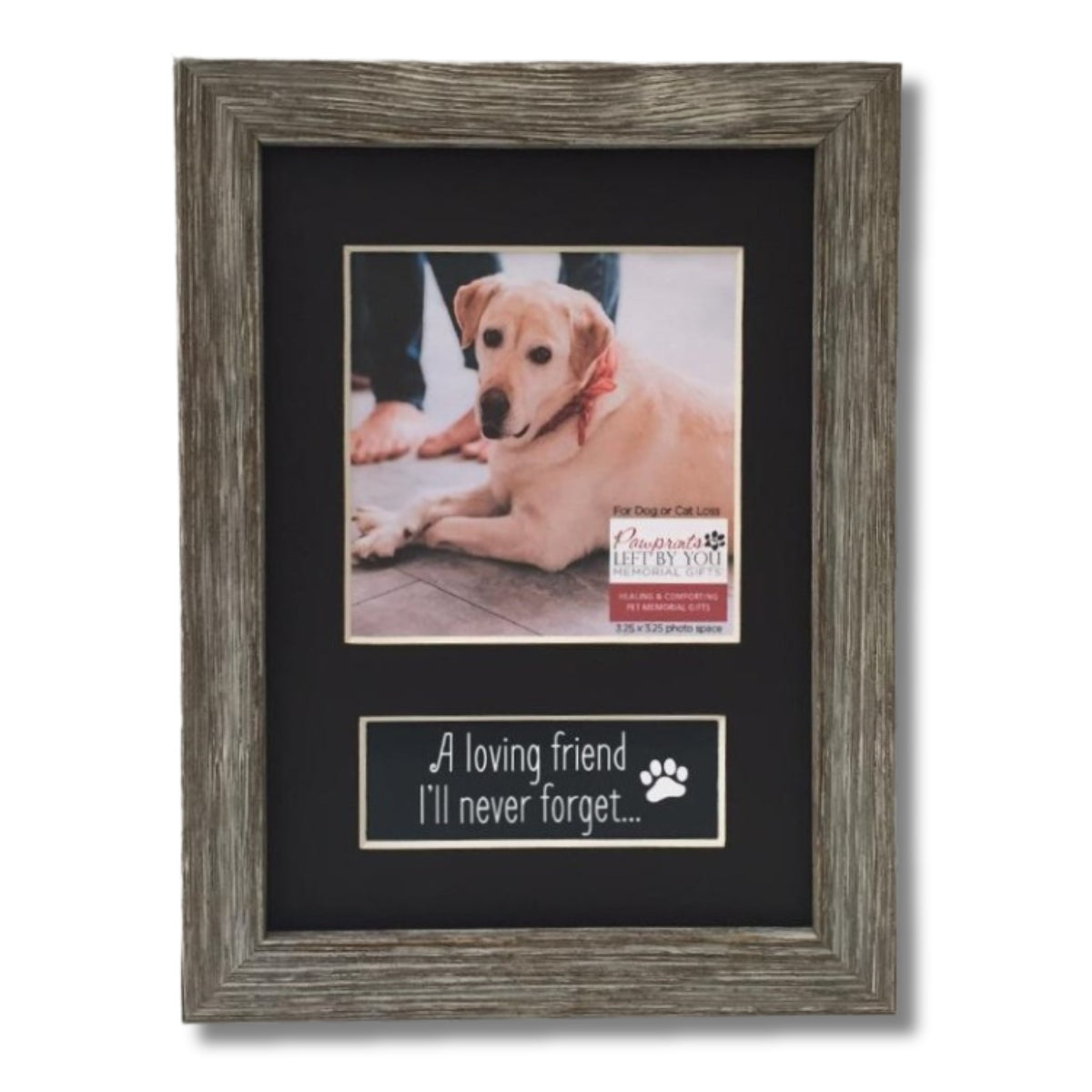 Pet memorial 5x7 real wood farmhouse photo frame with a black mat with openings for a 3.25" square photo and A Loving Friend sentiment