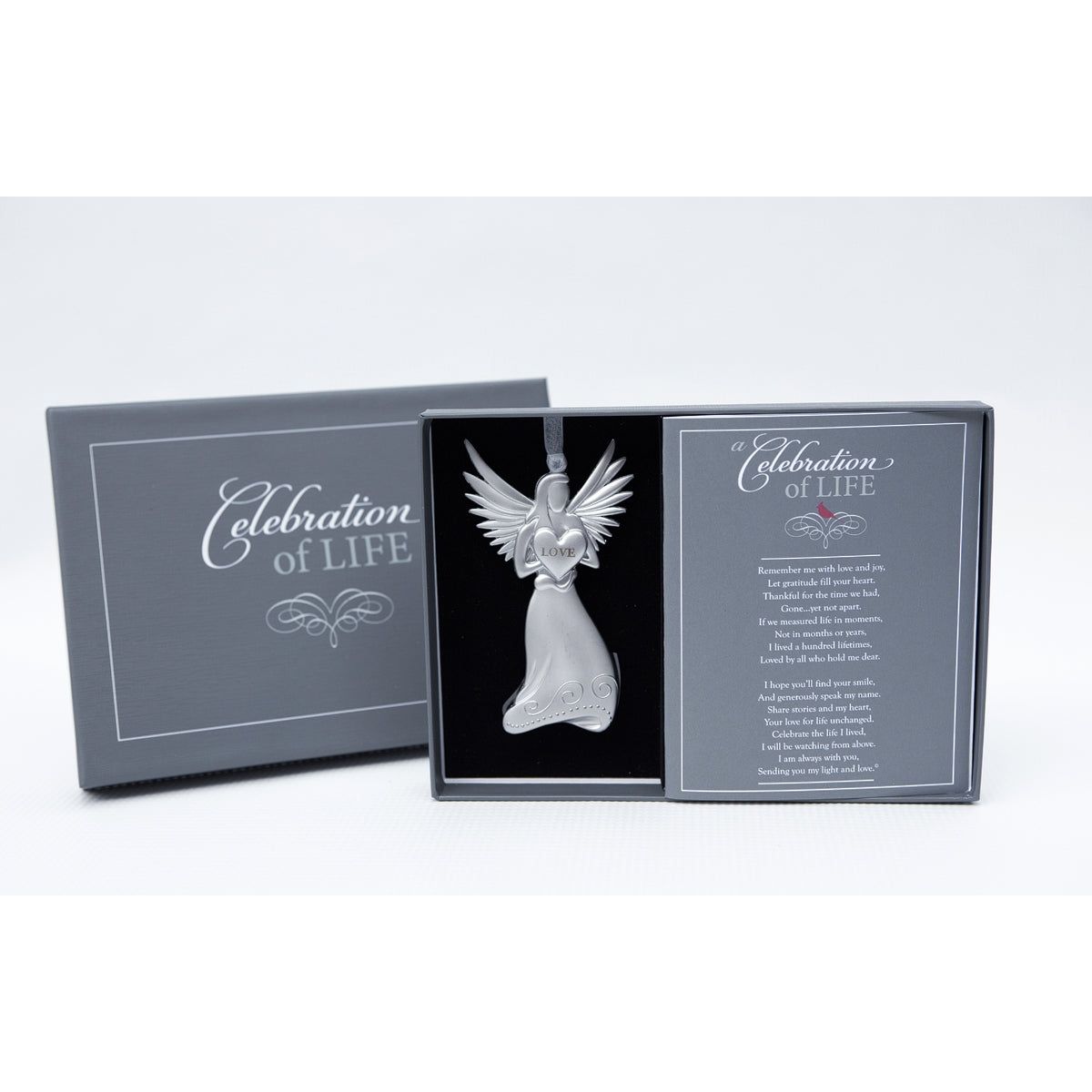 4" metal Love angel ornament beautifully packaged with "Celebration of Life" poem card in a gray linen box