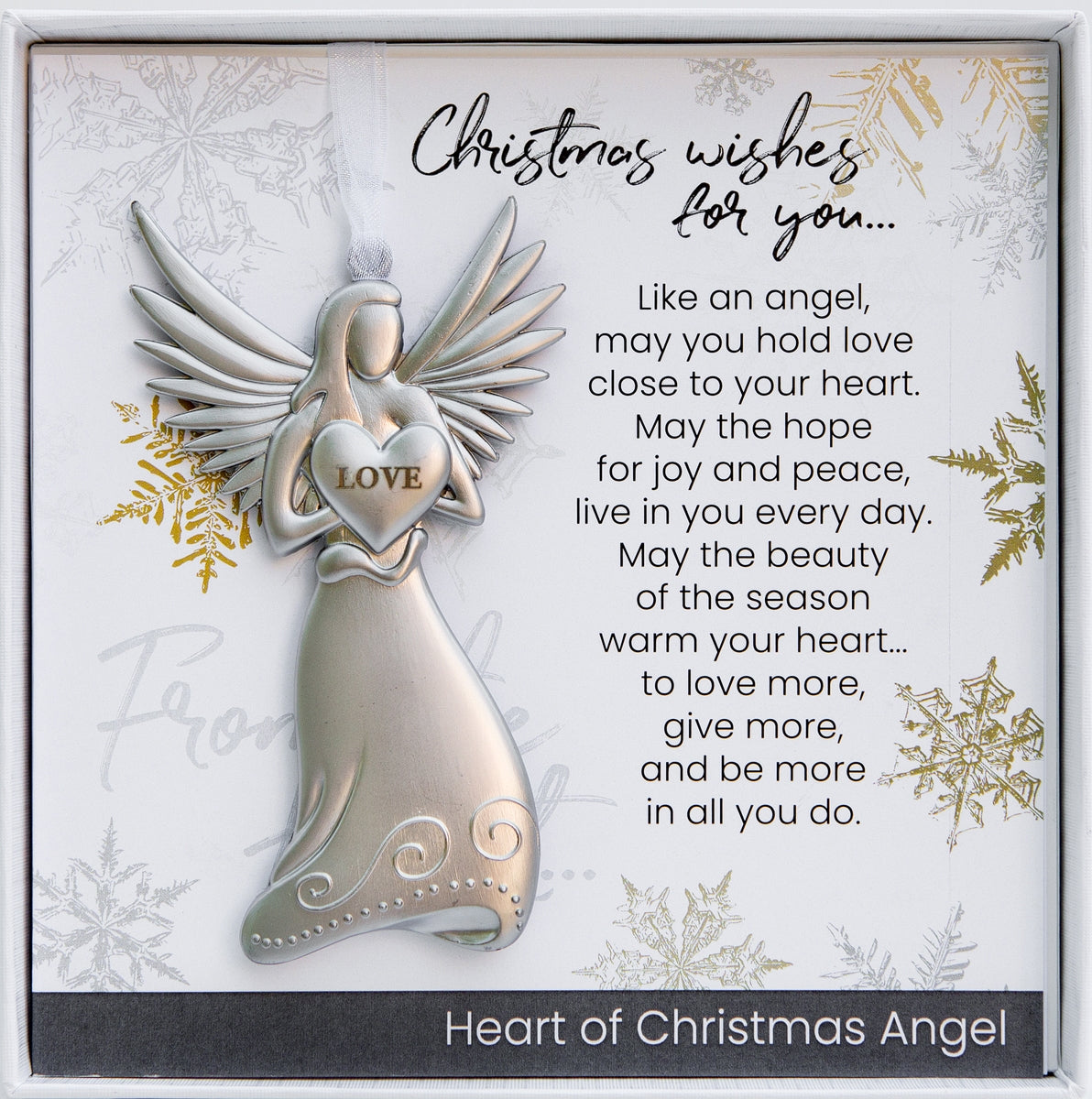 Christmas Angel Gift - silver toned 4" metal hanging angel ornament with Christmas sentiment card, boxed in white box with clear lid
