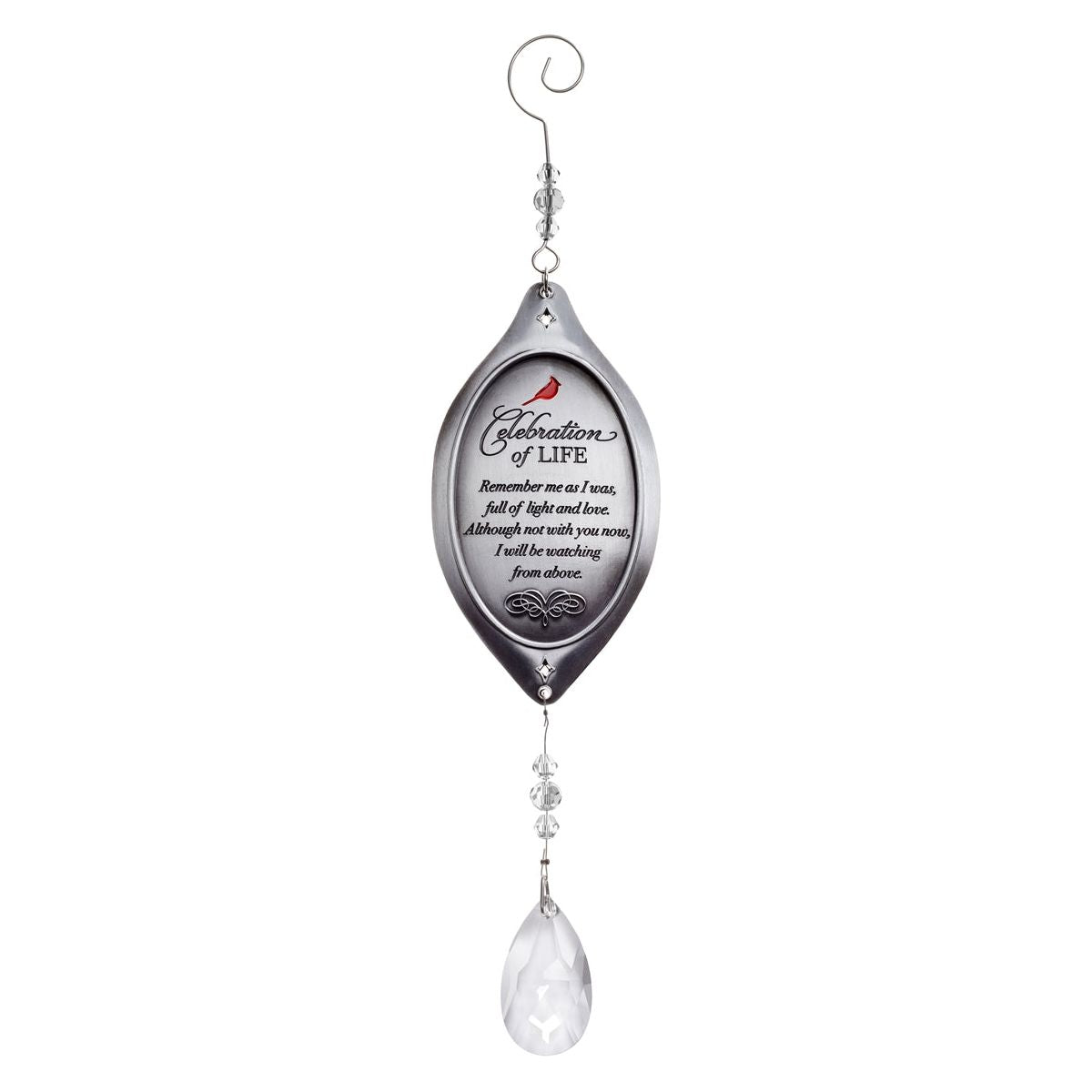 Celebration of Life Memorial Ornament- Cast metal top engraved with &quot;Celebration of Life&quot; sentiment and crystal pendant.