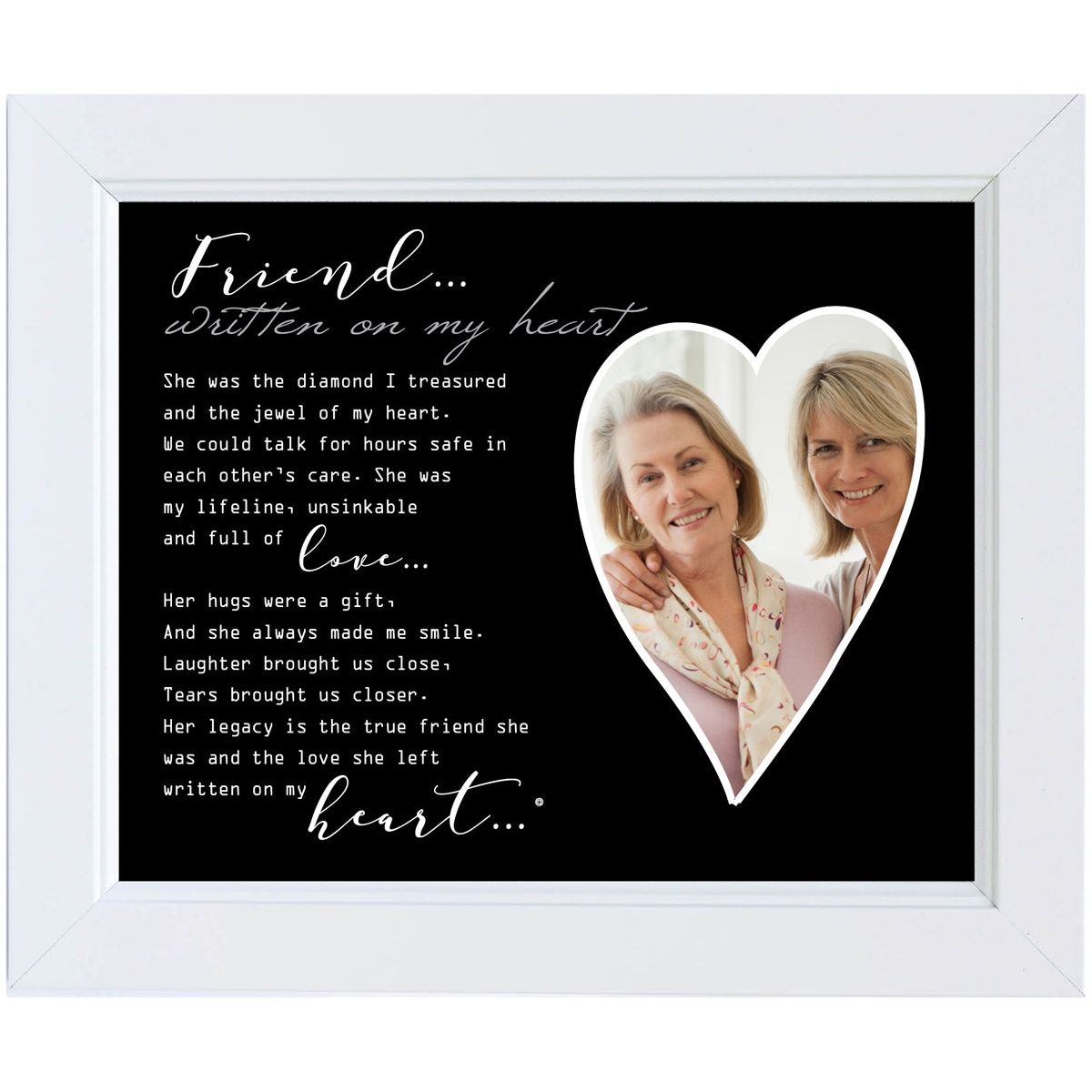 8x10 white frame with &quot;Friend... Written on My Heart&quot; poem and an heart shaped opening for a photograph.