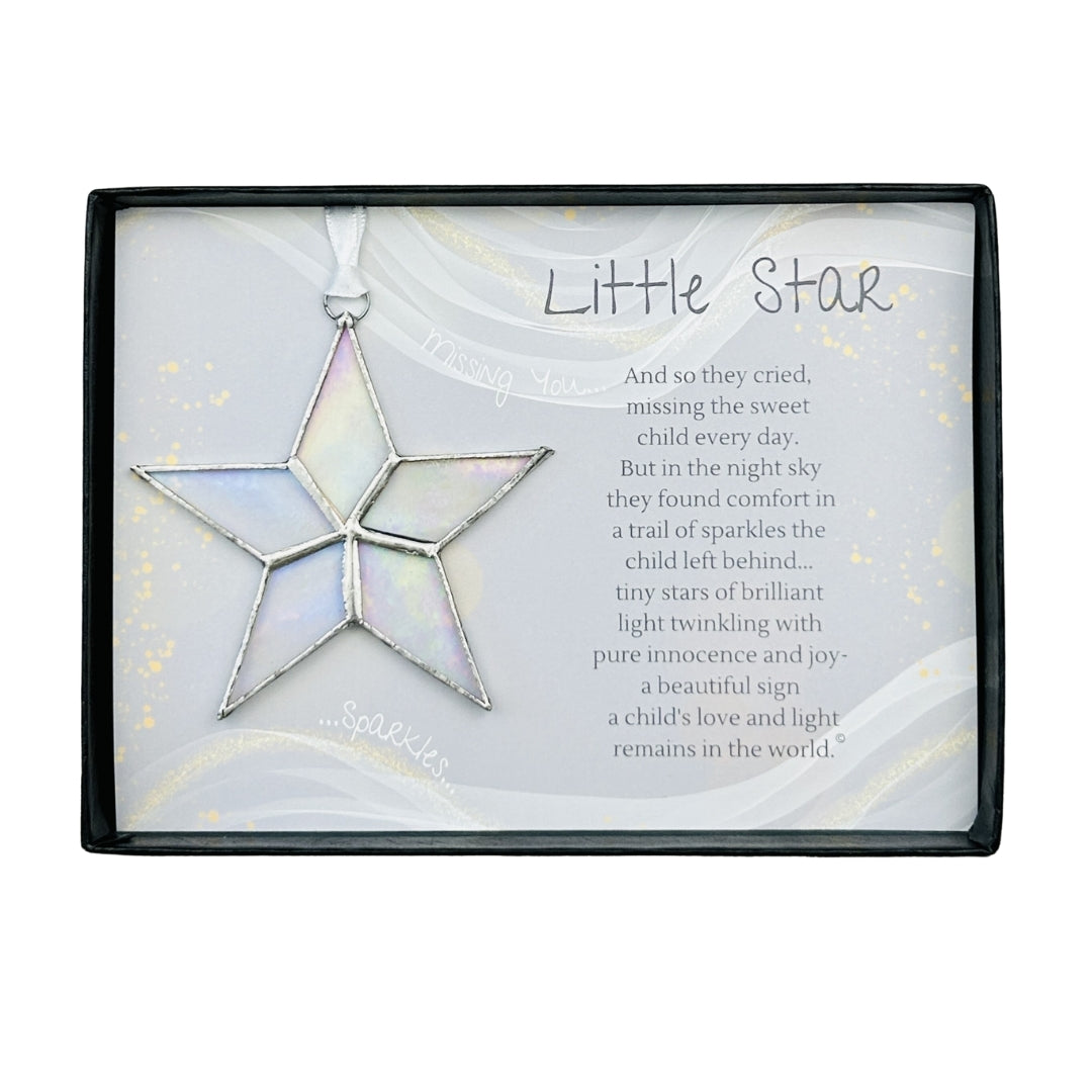 Handmade 4" clear iridescent stained glass star with silver edging, packaged with "Little Star" sentiment in black gift box with clear lid.