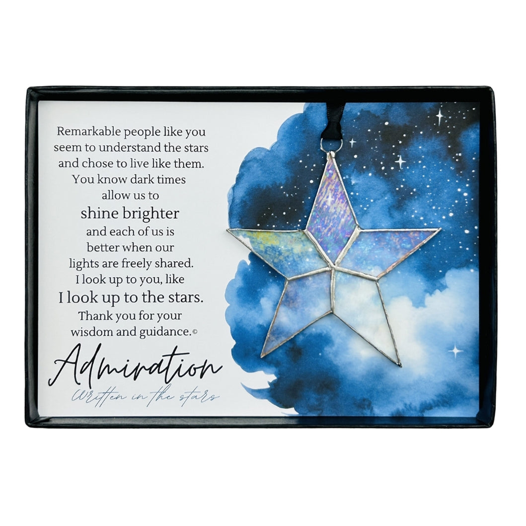 Handmade 4" clear iridescent stained glass star with silver edging, packaged with "Admiration" sentiment in black gift box with clear lid.